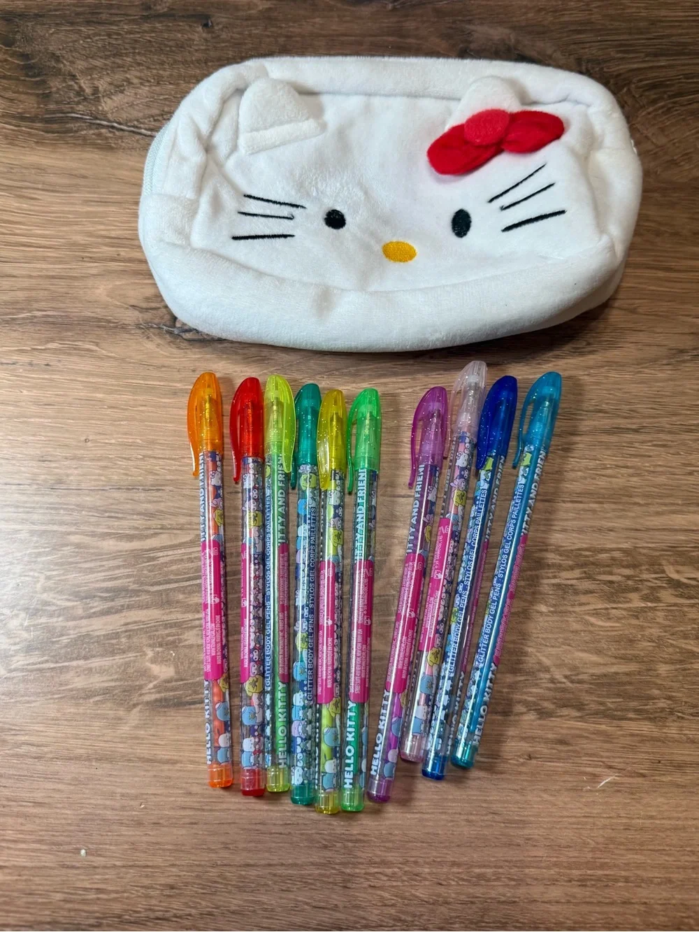 Sanrio Hello Kitty Plush Pencil Pouch + 10 Glitter Gel Pens Kawaii Set